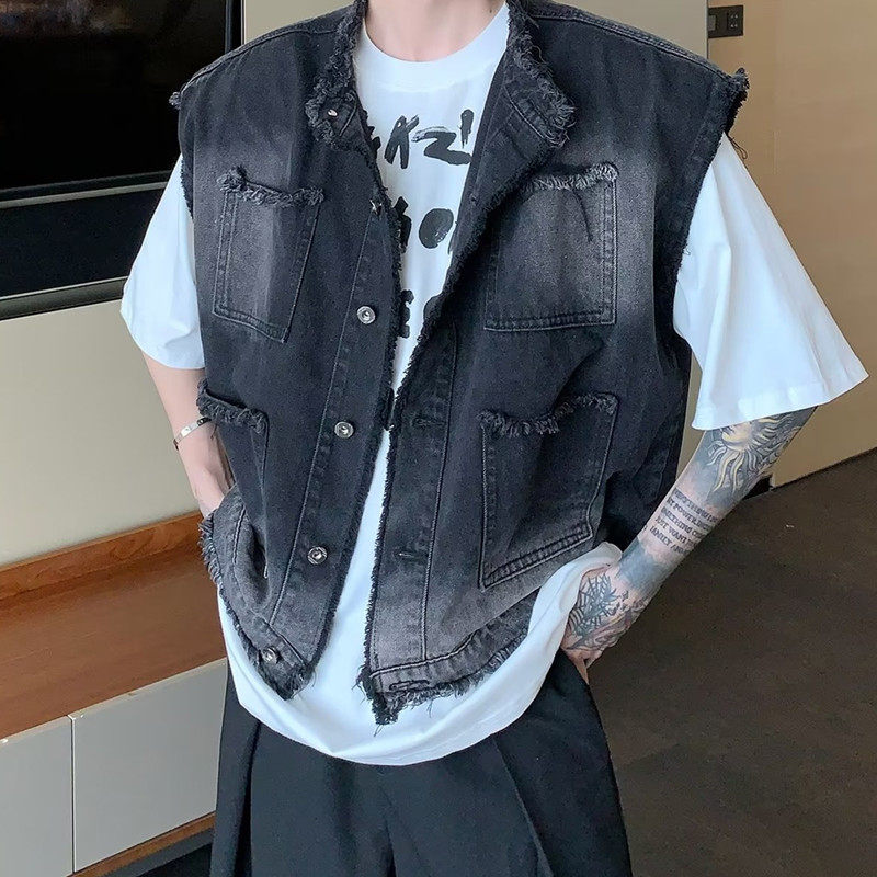 THE KOREAN VERSION OF THE RUFFIAN NICHE DESIGN SENSE RAW DENIM VEST JACKET MENS RETRO LAYERED SHOULDER PADS SLEEVELESS VERSATILE TOP