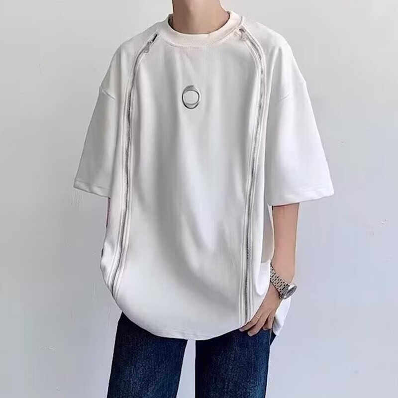 夏日造型师薄款小众设计感双拉链T恤男简约圆领痞帅高街潮牌短袖