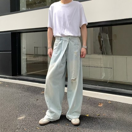 美式弯刀宽松破洞牛仔裤男夏季薄款设计感潮牌穿搭高街休闲直筒裤