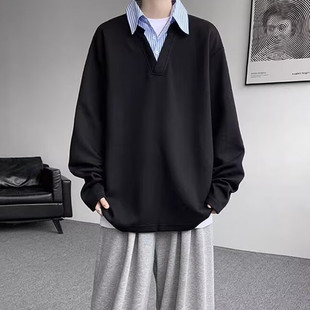 假两件衬衫领长袖T恤男秋季潮牌高级感polo领痞帅宽松叠穿打底衫