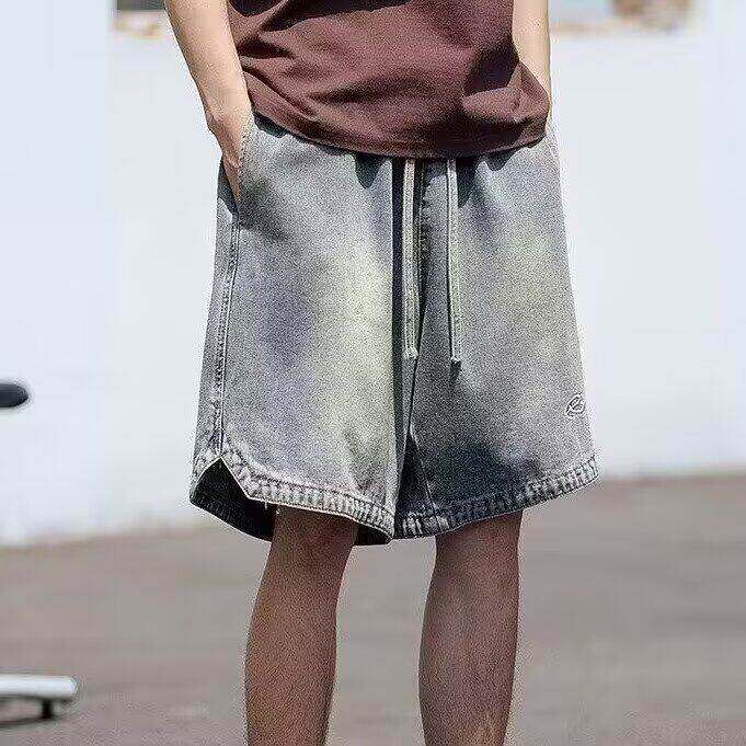 夏季高街潮牌牛仔短裤男款直筒宽松刺绣工装牛仔裤潮牌薄款五分裤