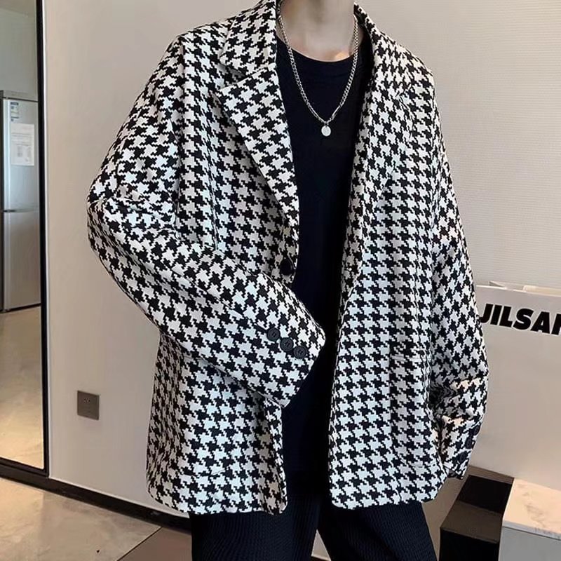 高级感炸街西装外套男春秋发型师千鸟格小香风休闲小西服oversize