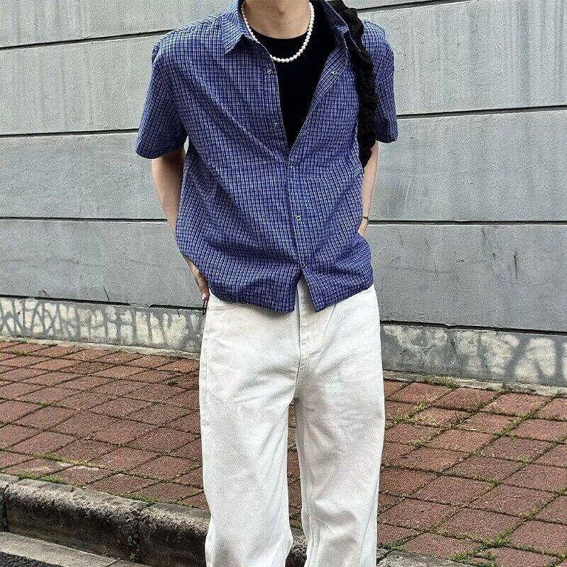 美式复古格子抽绳Polo衫男 短袖宽松 叠穿神器痞帅衬衫上衣