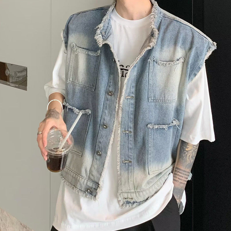 THE KOREAN VERSION OF THE RUFFIAN NICHE DESIGN SENSE RAW DENIM VEST JACKET MENS RETRO LAYERED SHOULDER PADS SLEEVELESS VERSATILE TOP