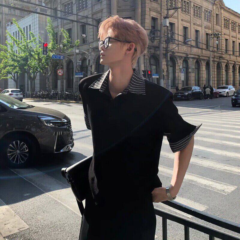 高智感黑色格纹POLO衫男款夏季韩版设计感撞色假两件拼接短袖T恤