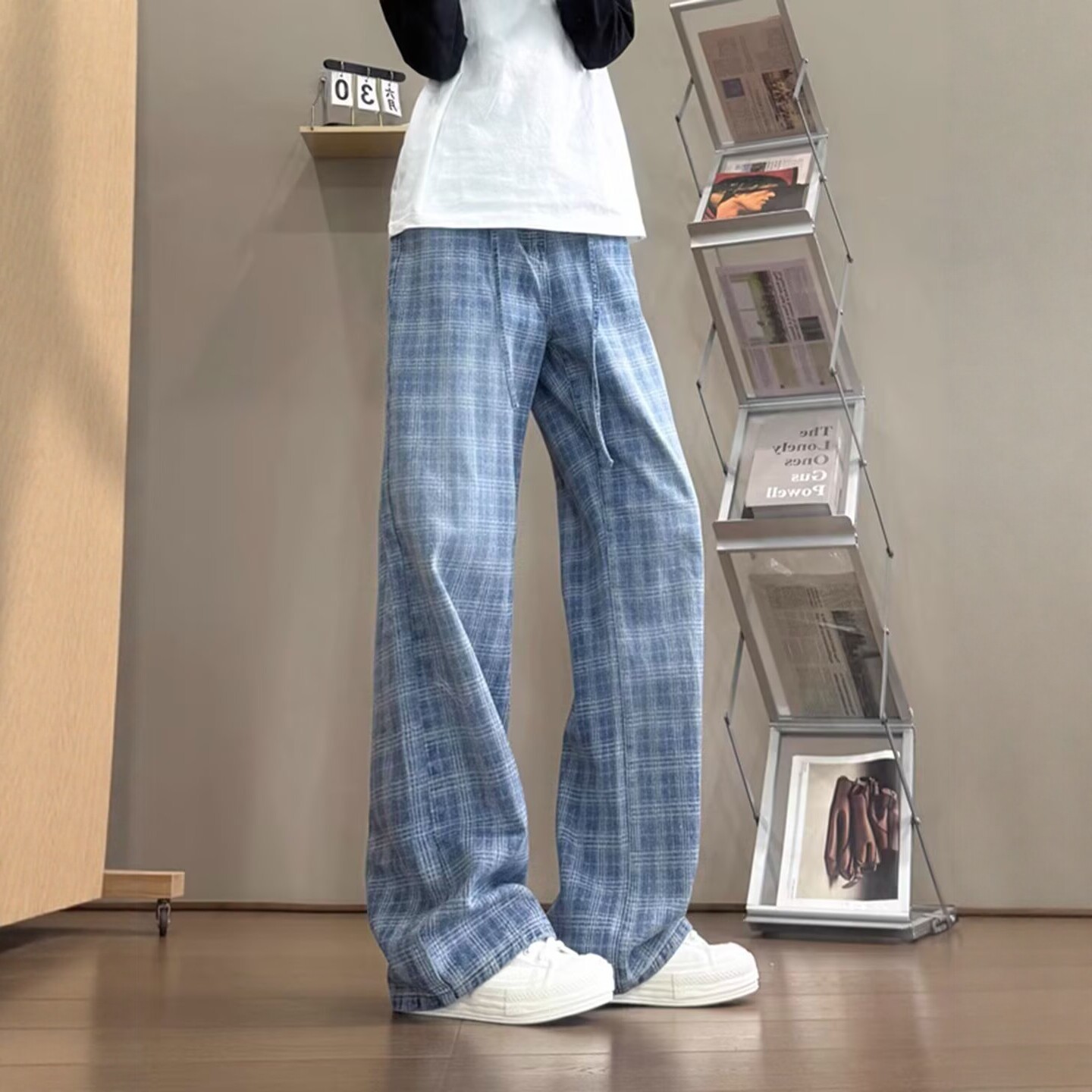 蓝色格子牛仔裤男款秋季美式痞帅高级感裤子提裆显瘦直筒微喇长裤