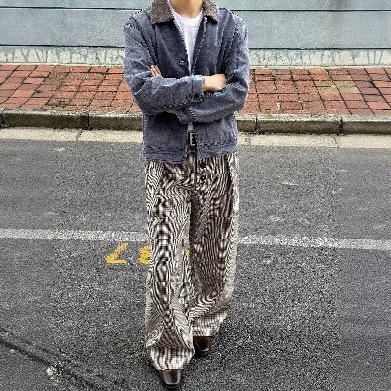 老钱风男装打褶千鸟格西裤夏季
