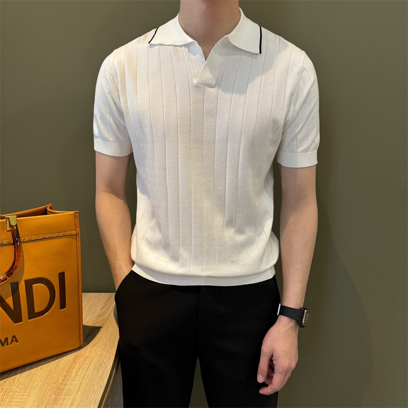 2025夏季新款休闲v领polo衫男士商务高级感针织条纹短袖灰色T恤男