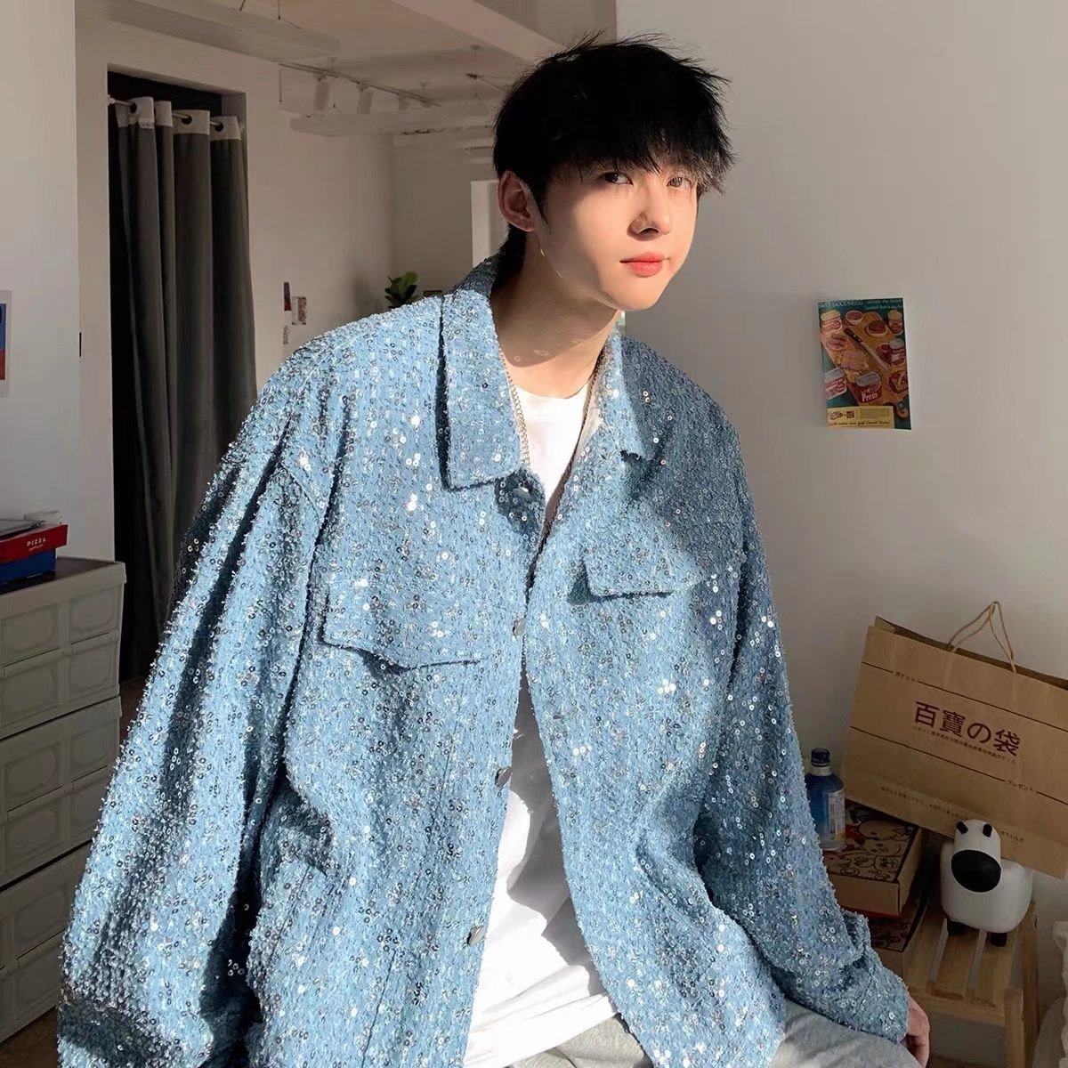ootd轻奢小香风高级感炸街外套奶蓝色亮片工艺设计感痞帅夹克男春