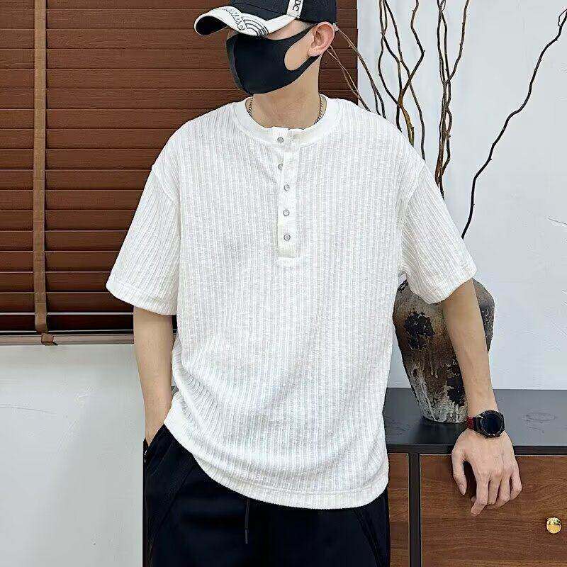 老钱风亨利领短袖T恤男士夏季痞帅高级感潮牌百搭设计感V领上衣