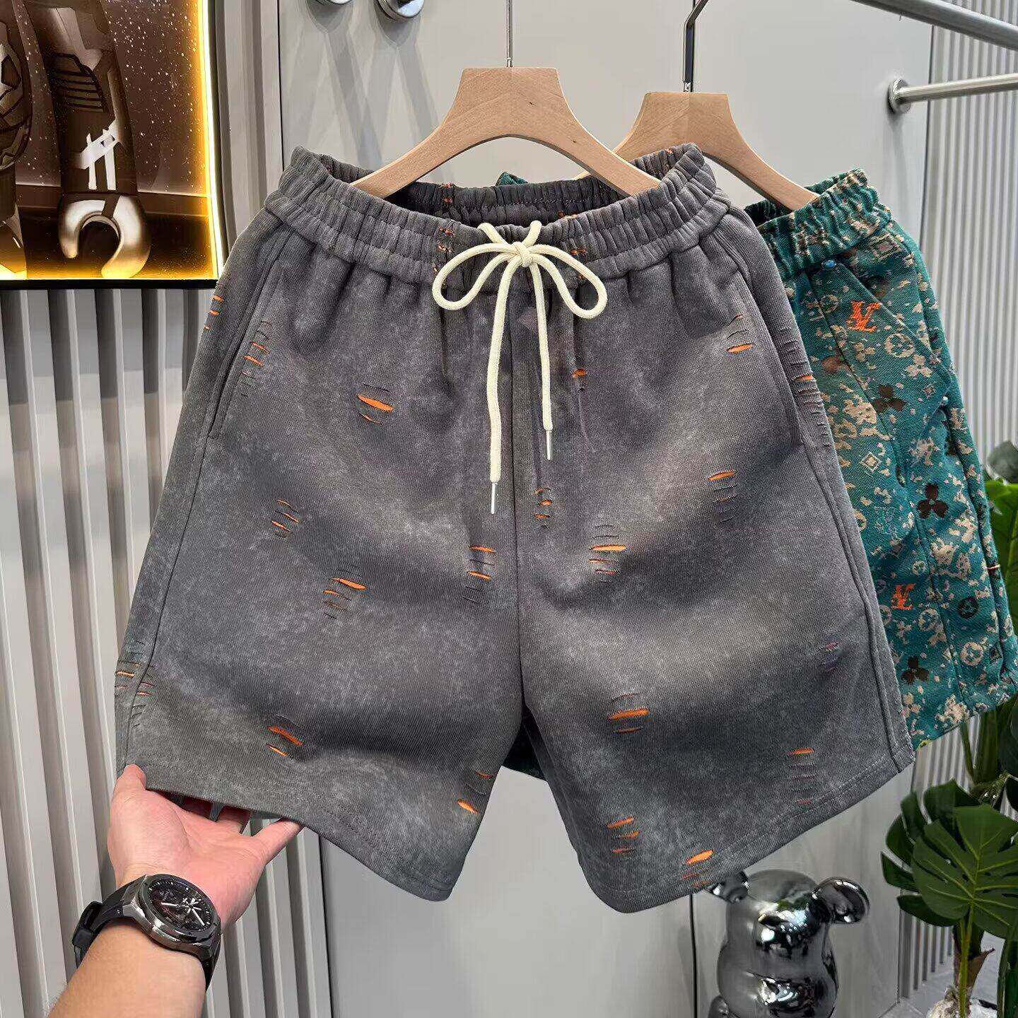 美式潮牌扎染短裤男款夏季灰色沙滩五分裤男破洞直筒宽松休闲卫裤