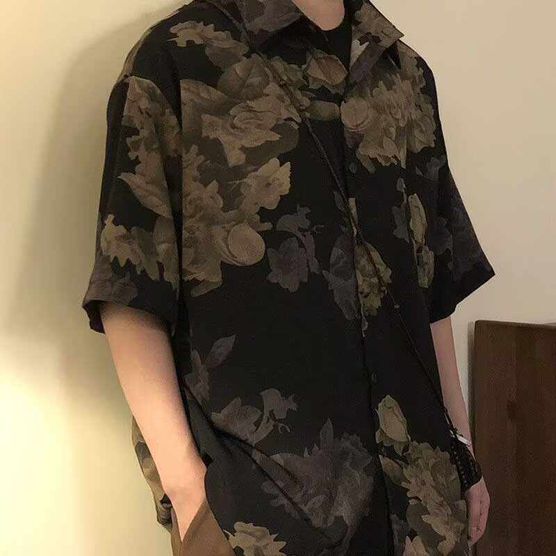 夏季美式复古潮牌短袖花衬衫男休闲宽松新中式港味高级感痞帅衬衣