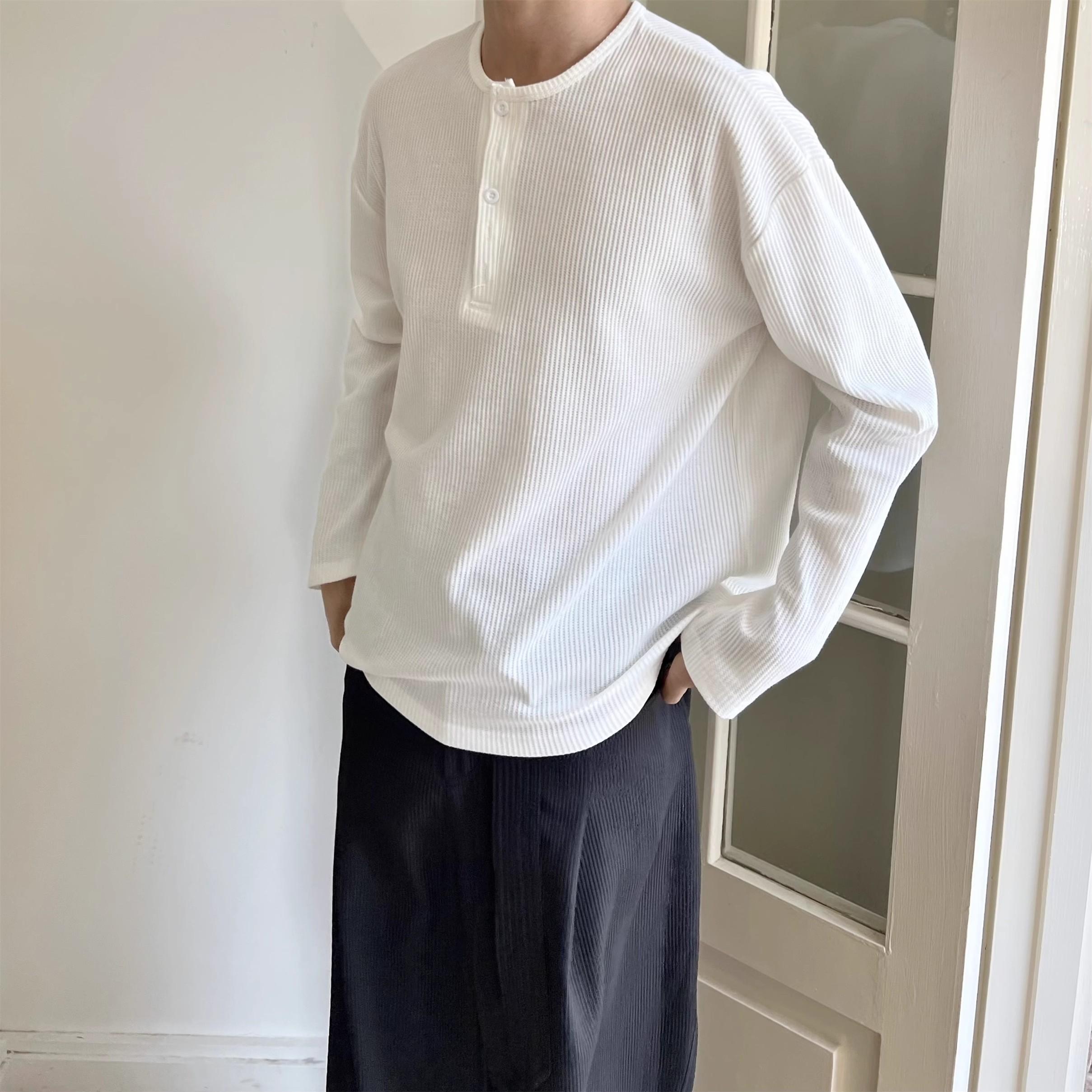 亨利领竖条纹长袖T恤卫衣男春秋季韩版高级感宽松慵懒风打底上衣