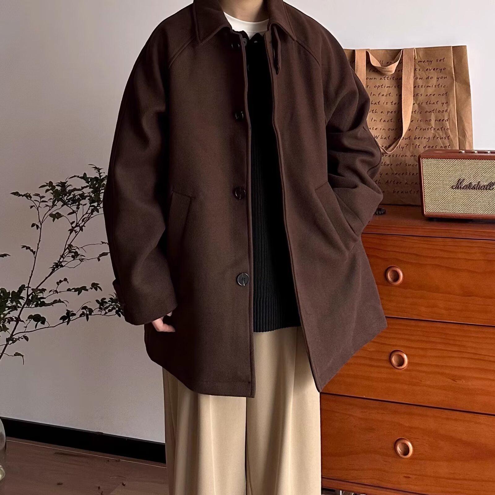 日系复古中长款毛呢大衣男秋冬季