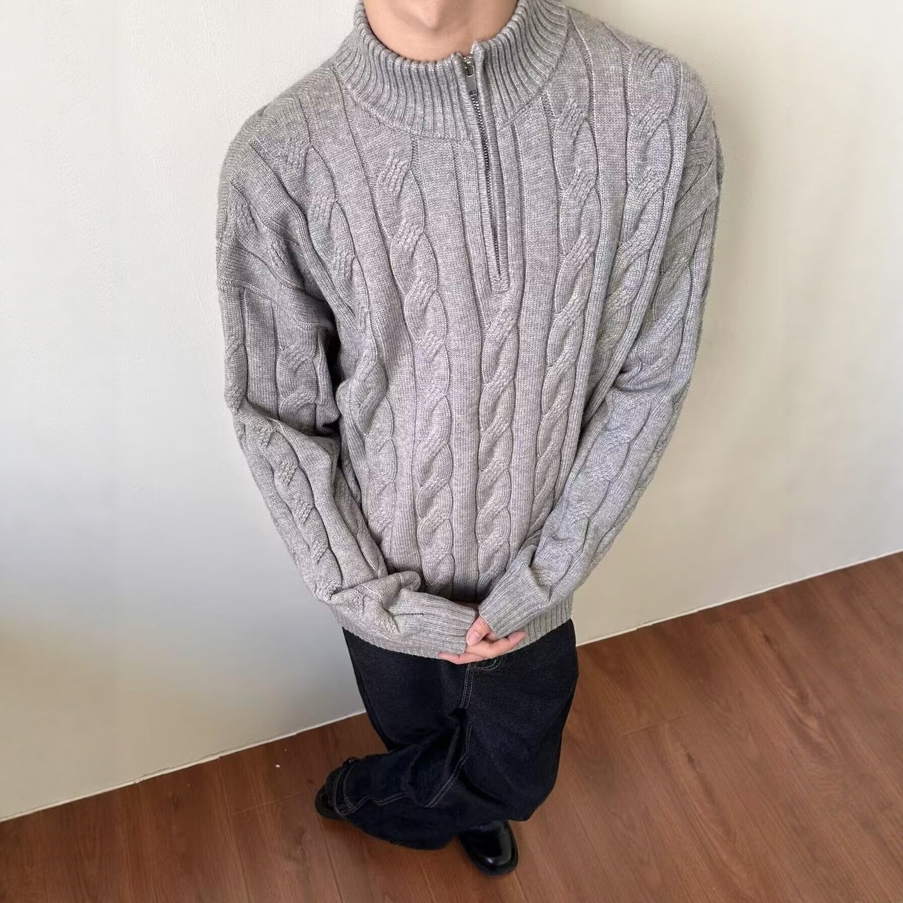 秋冬新款松弛感老钱麻花纹粗针英伦半拉链立领针织衫毛衣外套