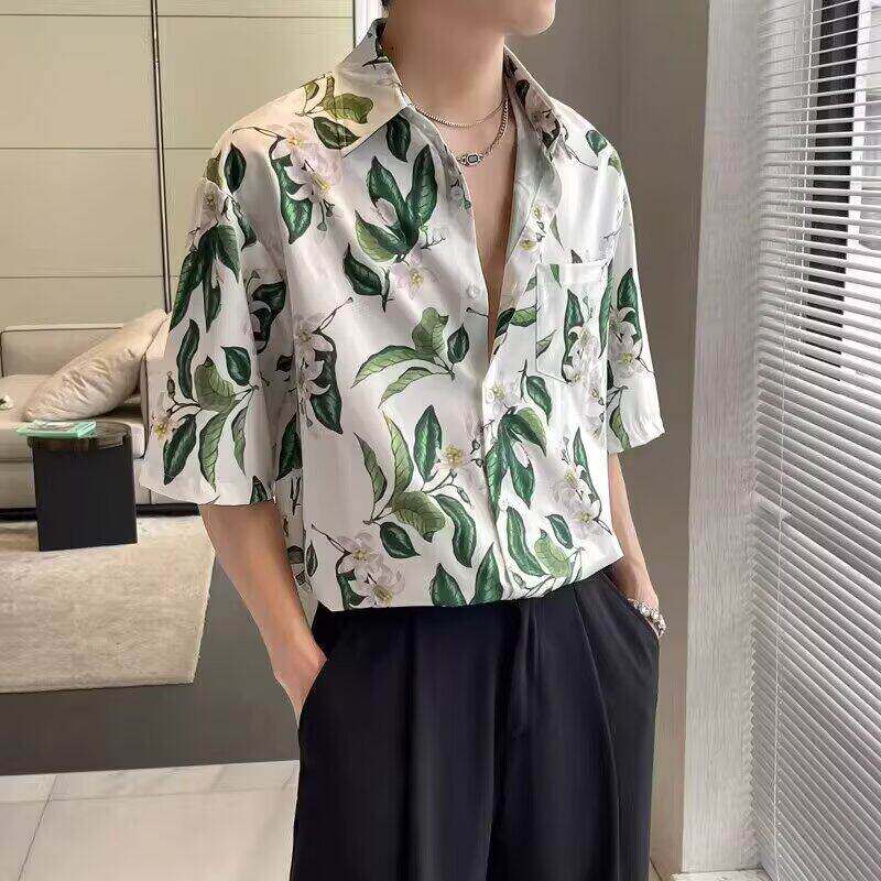 痞帅花衬衫男短袖潮牌垂感高级感冰丝中袖衬衣休闲夏威夷7七分袖