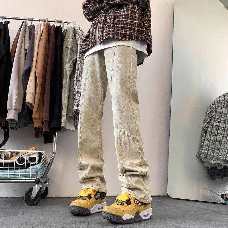 美式复古黄泥染牛仔裤男春季vibe微喇高街直筒青少年拼接休闲裤子