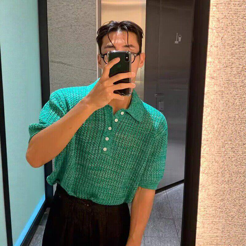 高级感镂空针织短袖男夏季韩版潮牌蓝色宽松polo领t恤痞帅上衣