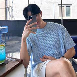 宽松美式 男韩系T恤衫 小众设计感上衣 圆领套头粗麻花针织短袖 夏季