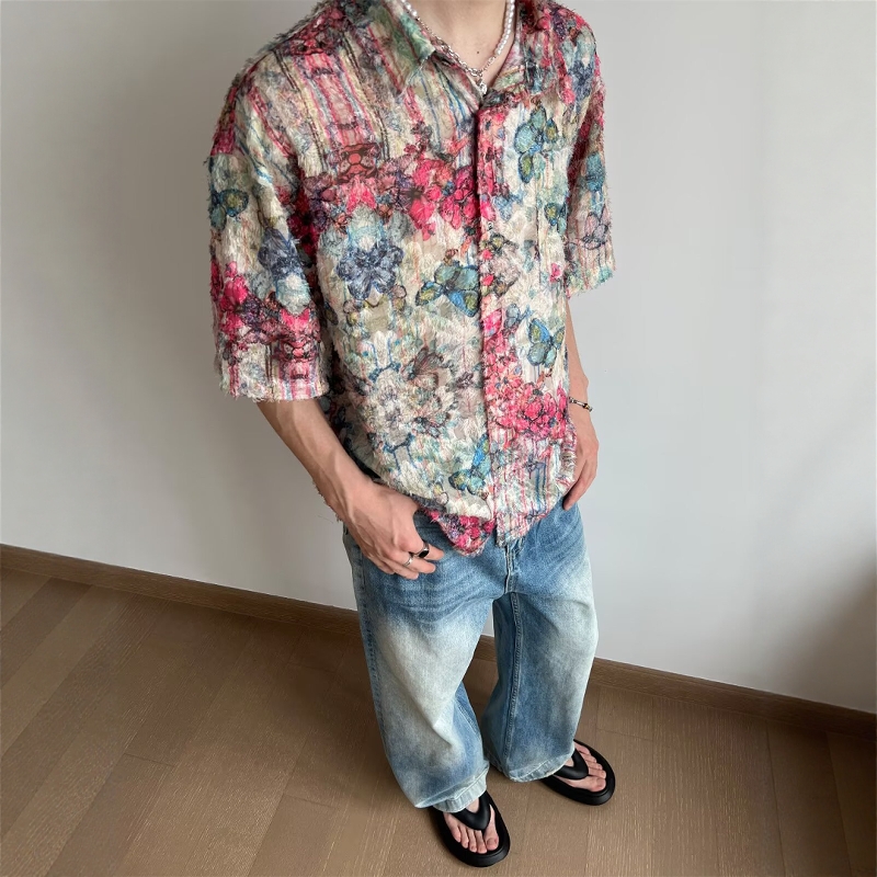 彩色蝴蝶流苏短袖衬衫男款夏季高级感痞帅衬衣度假风海边穿搭上衣