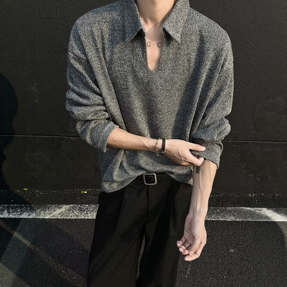 黑灰色V领卫衣男款冬痞帅高级感老钱风穿搭长袖t恤美式翻领POLO衫