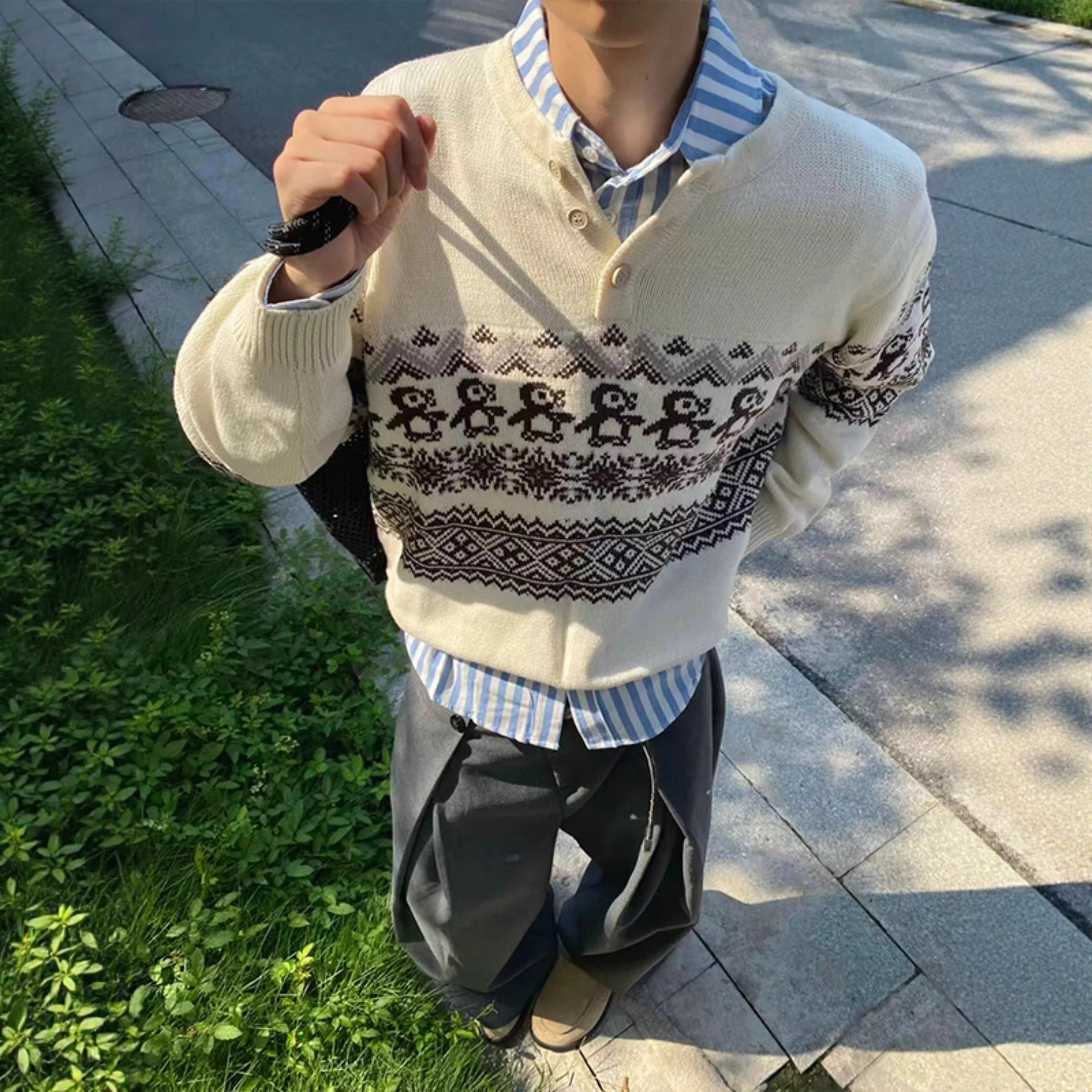 费尔岛复古圣诞企鹅花纹毛衣男女