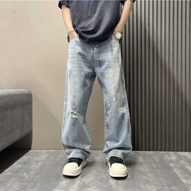 春夏新款破洞泼墨涂鸦复古牛仔裤男士韩版宽松阔腿痞帅直筒拖地裤