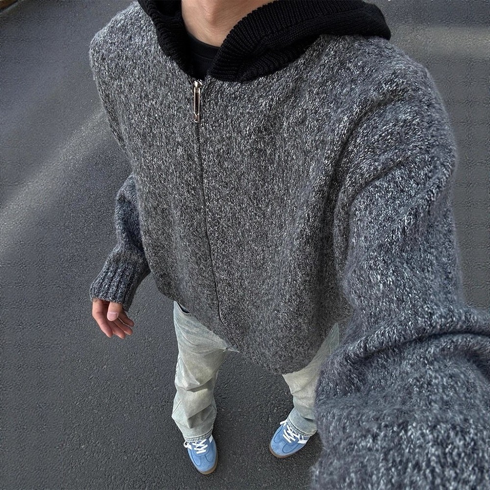 黑灰色连帽毛衣开衫男秋冬美式复古撞色cleanfi高级感针织衫外套