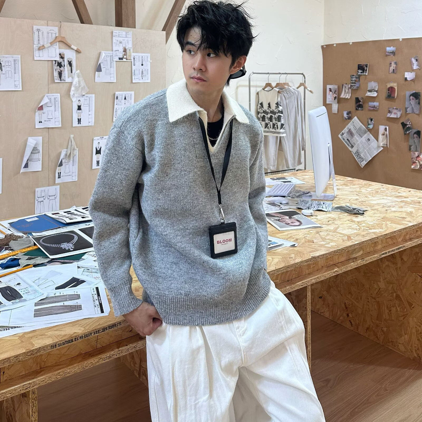 棕色假两件针织Polo衫男款秋冬宽松慵懒高级感保暖内搭V领毛线衣