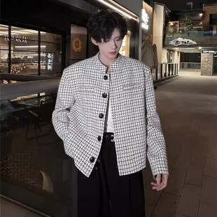 白色小香风西装外套男款秋冬韩系穿搭垫肩夹克短款千鸟格西服上衣