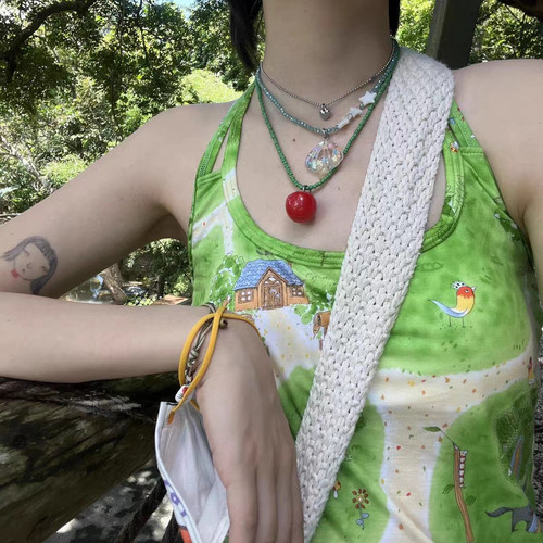 少女CEO可爱设计彩色立体西红柿串珠爱心项链绿色新款水果项链y2k