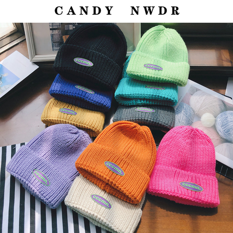简约ins风橡胶字母毛线帽子女冬天街头嘻哈风针织帽韩版冷帽男潮