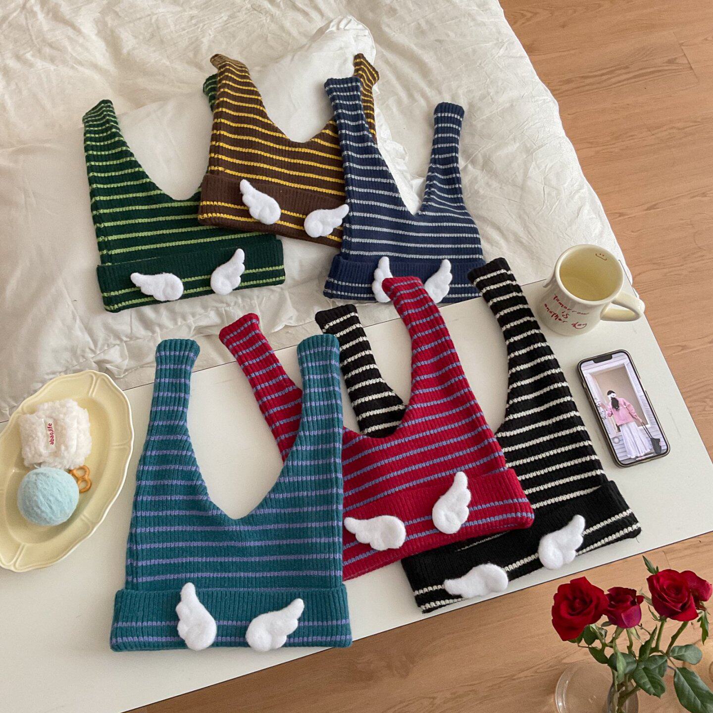 韩版长尾巴套头帽贴标成人条纹帽女秋冬百搭针织帽毛线帽保暖翅膀