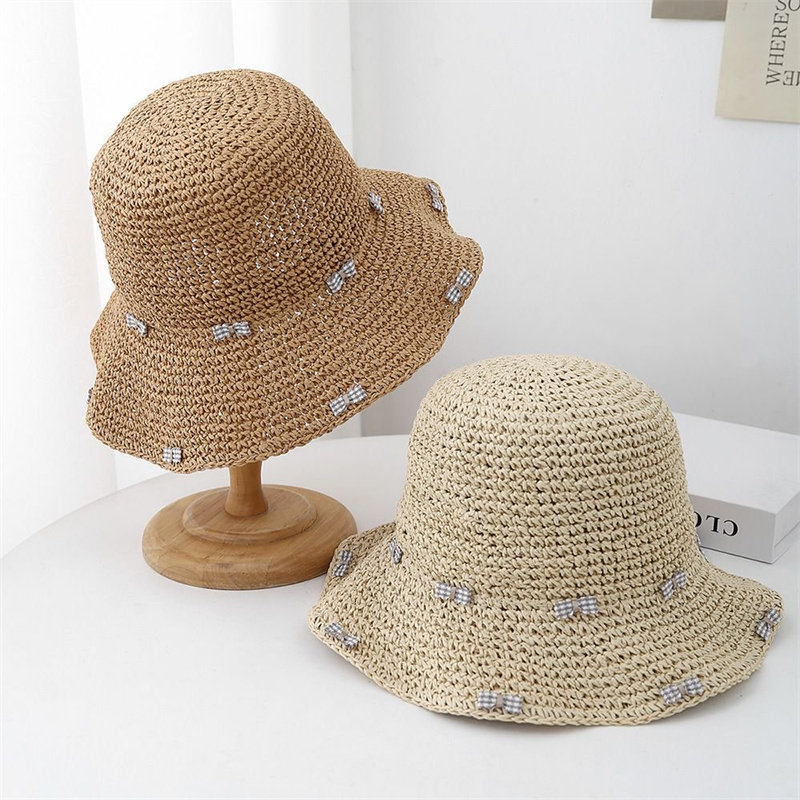 夏季韩版遮阳草帽女甜美蝴蝶结渔夫帽草编帽海边度假太阳帽子