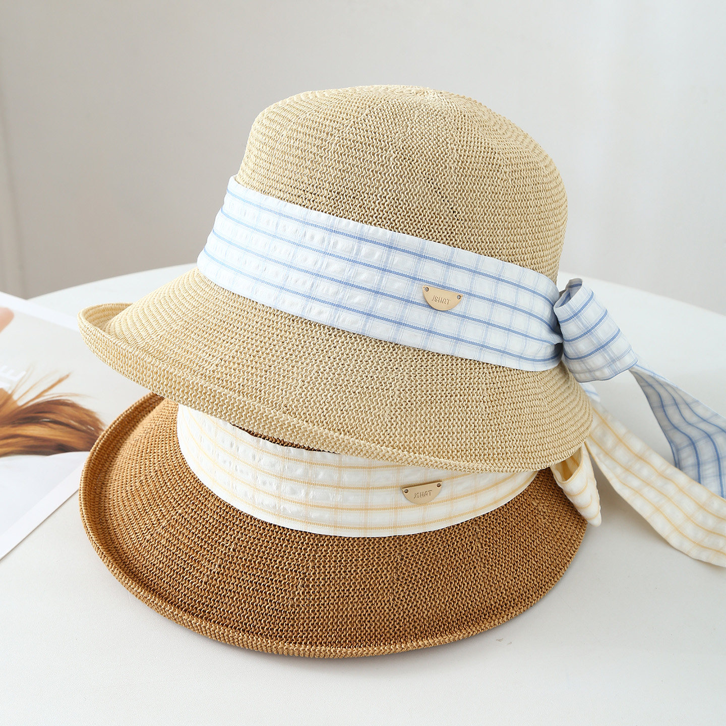 日系格纹蝴蝶结草帽女士夏季简约防晒遮阳太阳帽凉帽新款出游帽