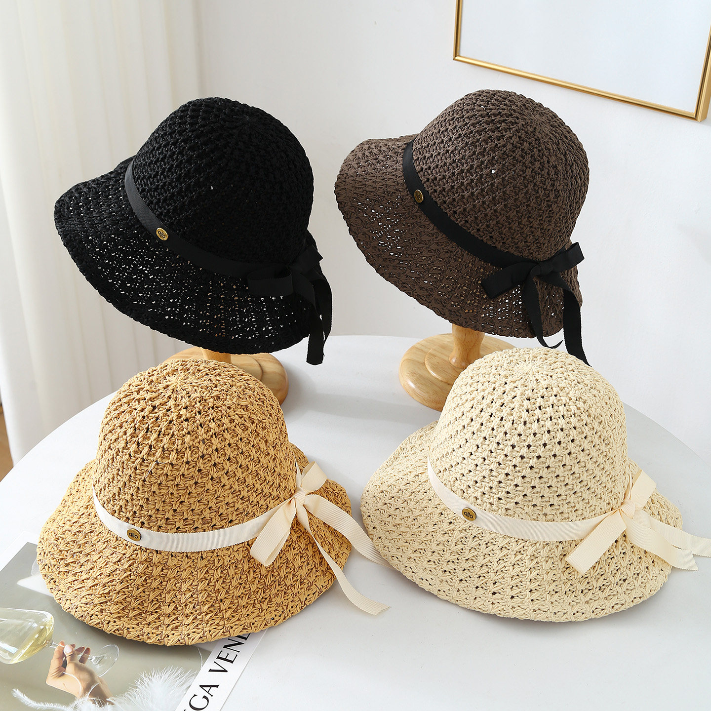 新款优雅蝴蝶结织带渔夫帽女休闲百搭宽檐遮阳防晒帽编织透气盆帽