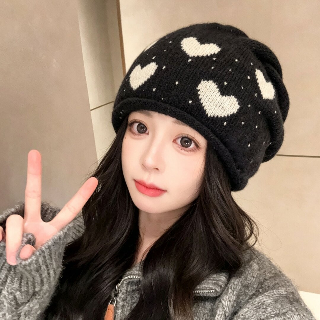爱心护耳韩版针织套头帽子复古毛线帽保暖秋冬新款女百搭冷帽时尚