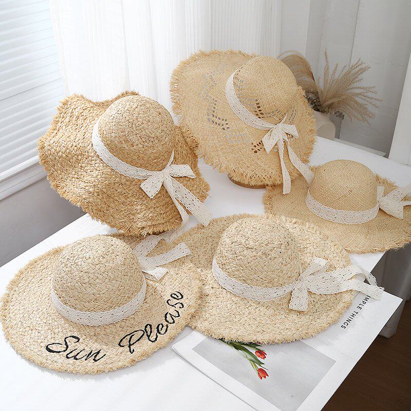 拉菲草帽女夏季法式蝴蝶结大帽檐显脸小海边沙滩时尚遮阳太阳帽子