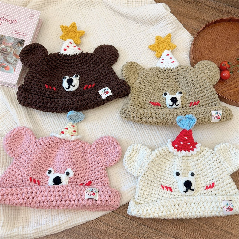 亲子儿童手工钩针可爱小熊毛线帽子女秋冬季卡通保暖男女针织帽潮