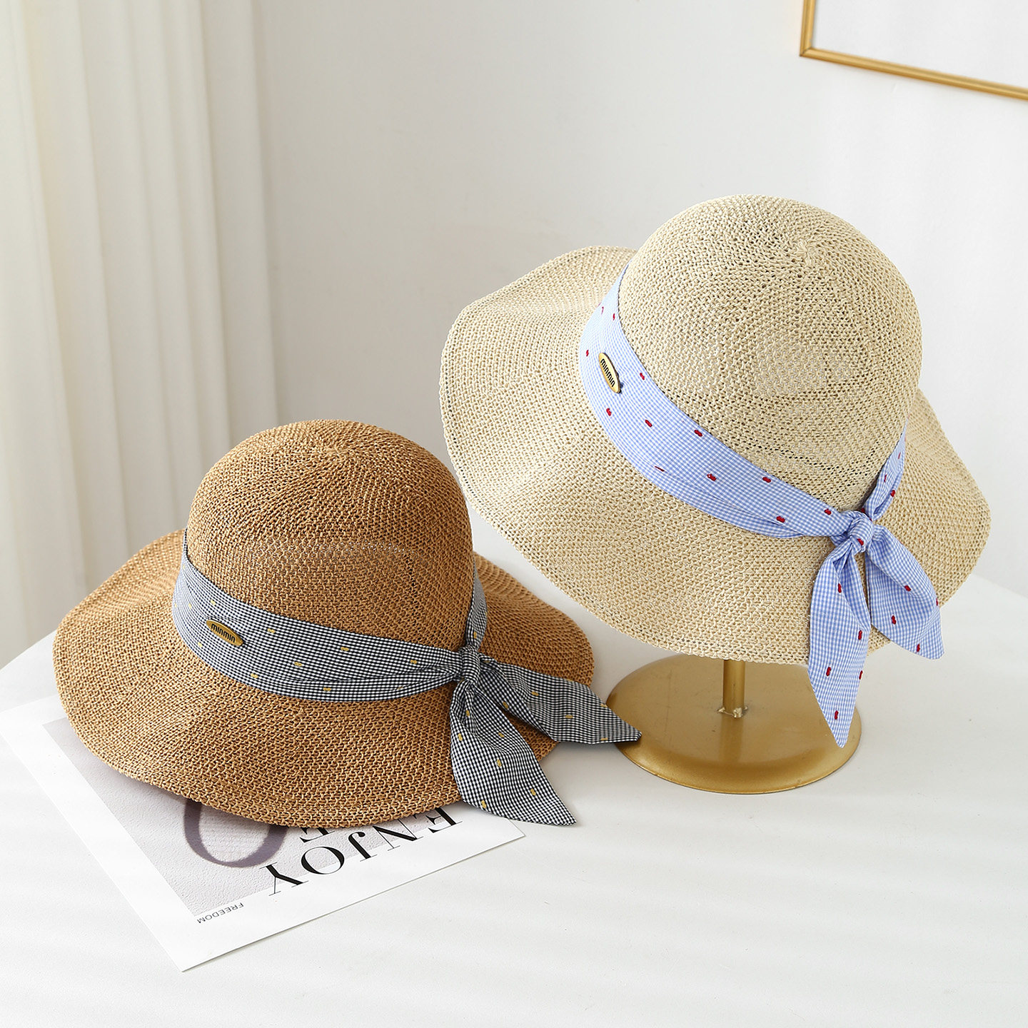 新款系带蝴蝶结夏天草帽成人女士帽子显脸小气质款遮阳防晒帽子