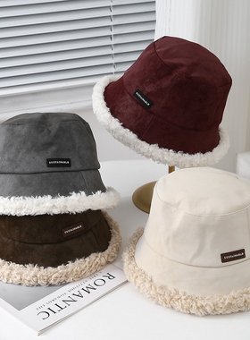 毛绒渔夫帽女秋冬保暖护s耳大头围针织盆帽百搭显脸小灯芯绒水桶