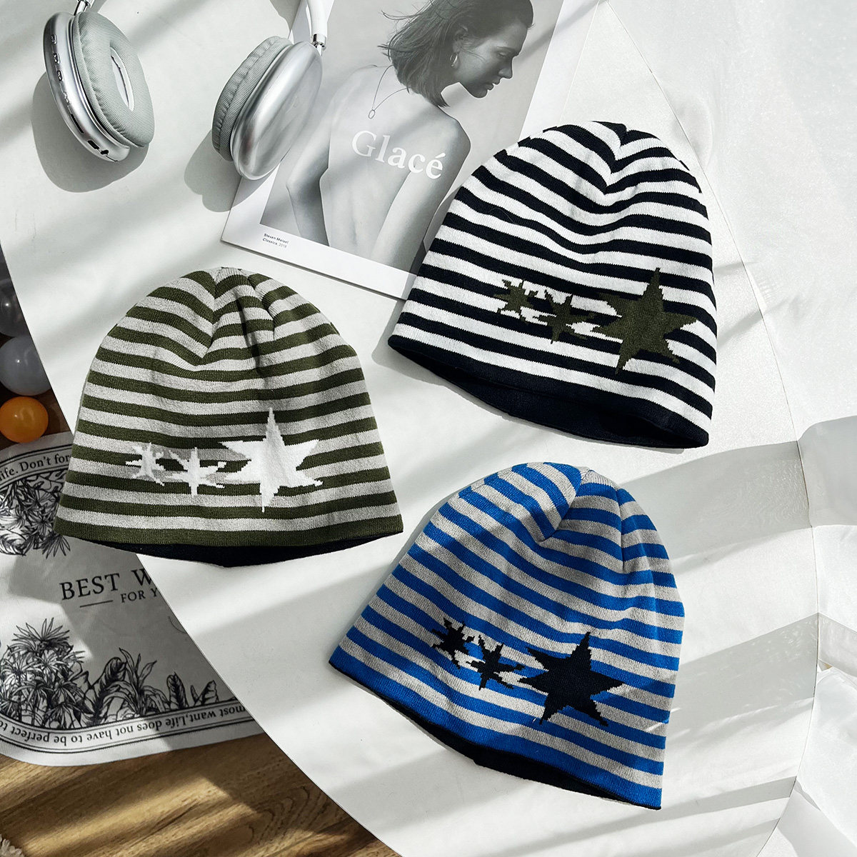 韩国ins博主款星星条纹针织帽女大头围氛围感包头冷帽毛线帽男