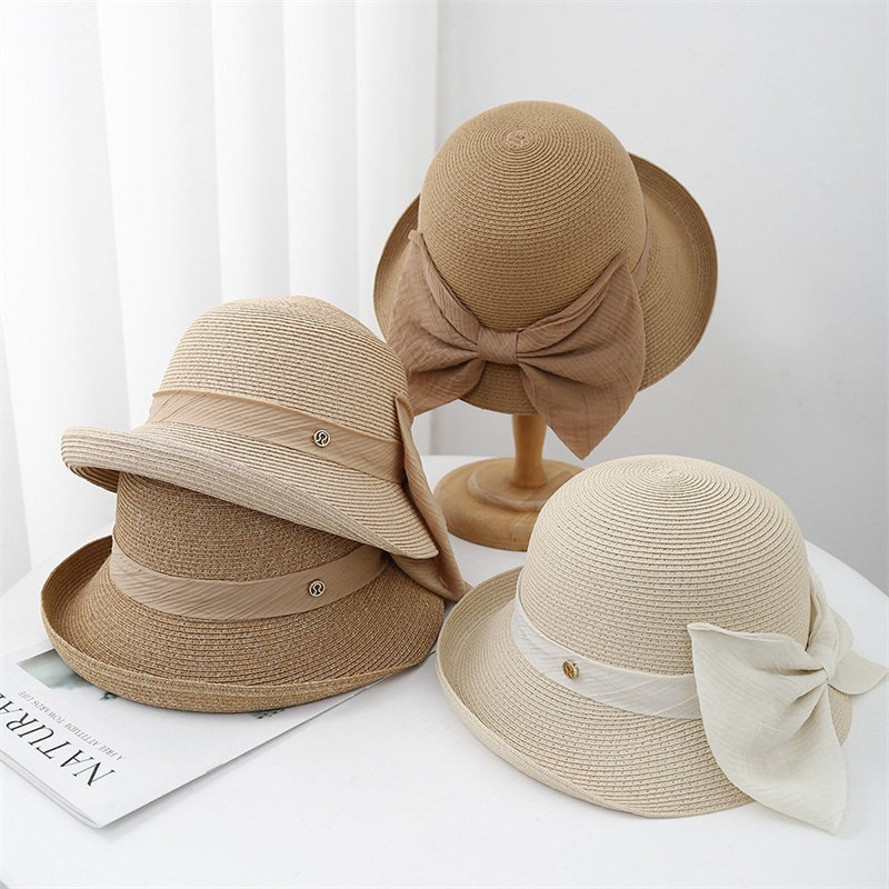 优雅蝴蝶结宽檐草帽男女通用防晒遮阳帽休闲度假百搭帽子