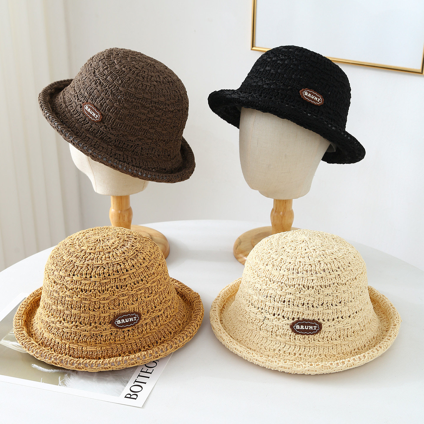 纯色卷边圆顶礼帽女夏季海边度假沙滩镂空草帽遮阳帽子草编渔夫帽