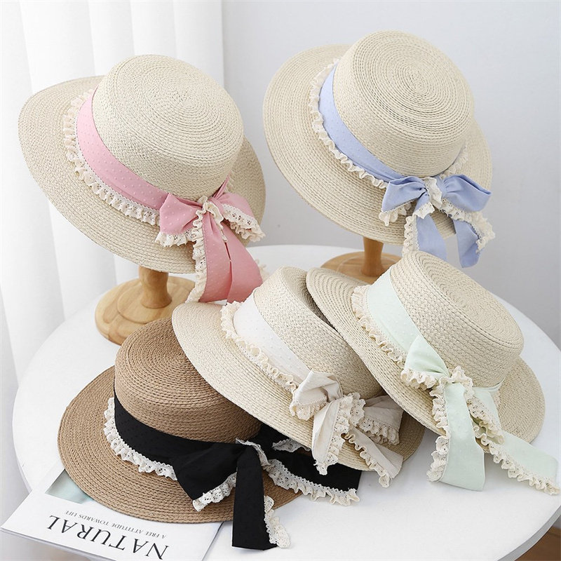 2025新款法式蝴蝶结草编防晒帽子女夏季出游海边度假遮阳平顶草帽