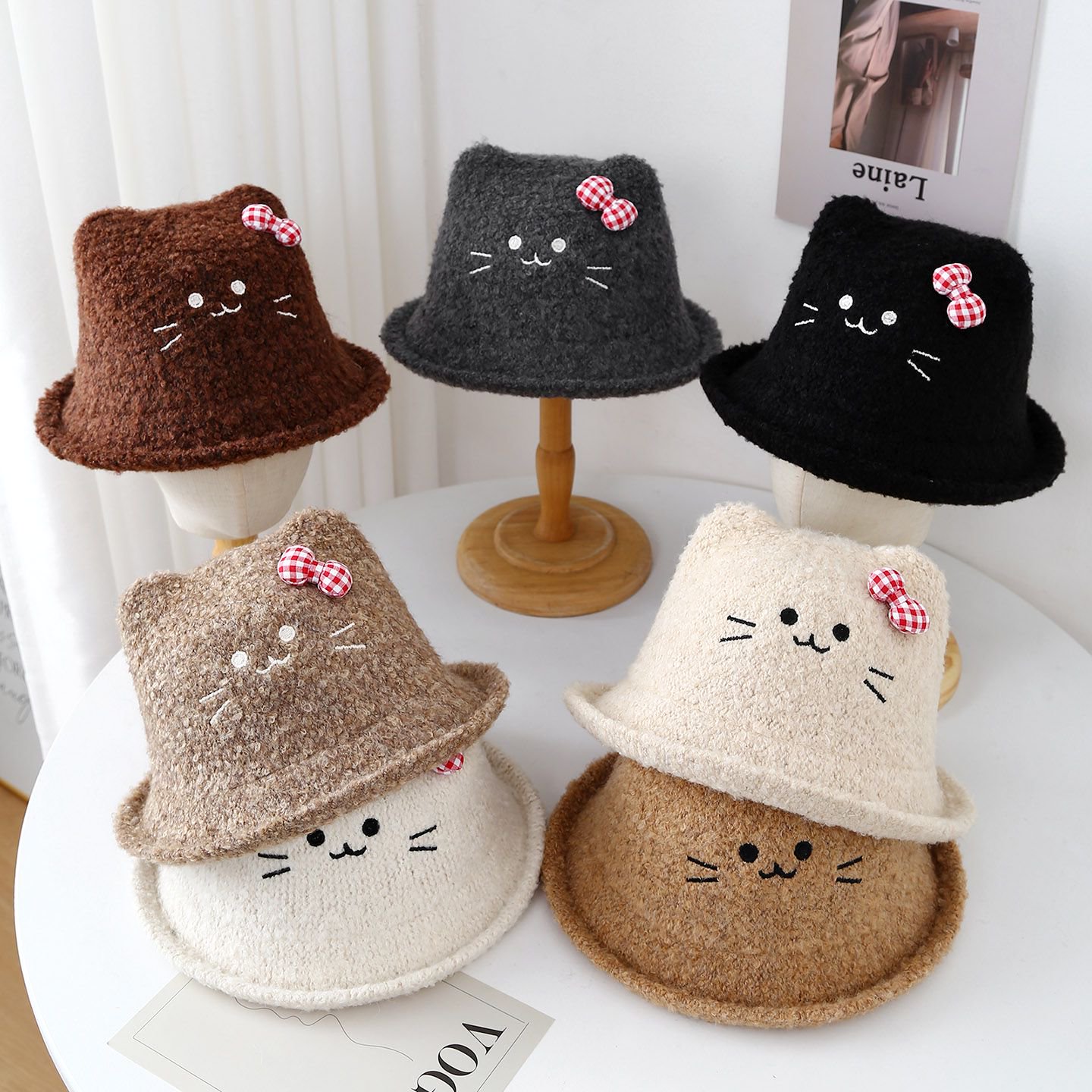 甜美女生针织盆帽女秋冬季可爱卷边蝴蝶结桶帽素颜逛街保暖渔夫帽