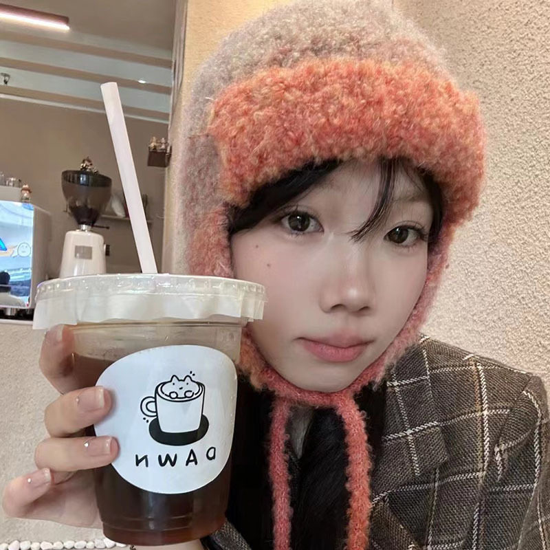 色彩控入~！推荐！渐变羊毛针织毛绒飞行帽子女冬护耳辫子雷锋帽