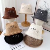 可爱猫咪耳朵蝴蝶结毛绒渔夫帽女秋冬季 洋气大头围显白显脸小盆帽