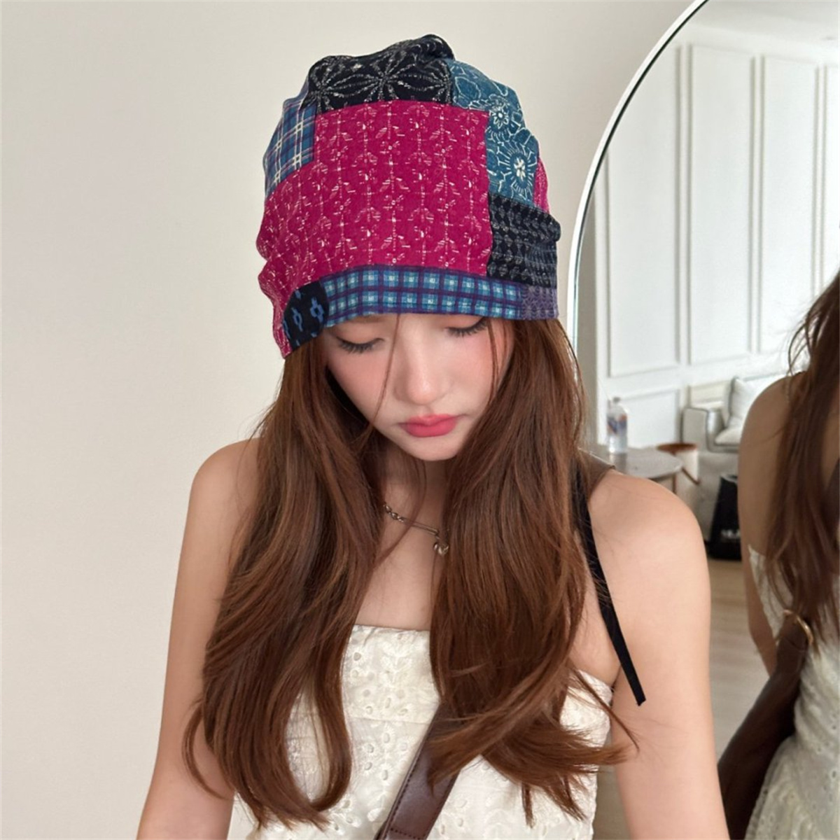 2025新款彩色拼接花朵绑带包头帽子女夏季薄款透气堆堆帽潮头巾帽