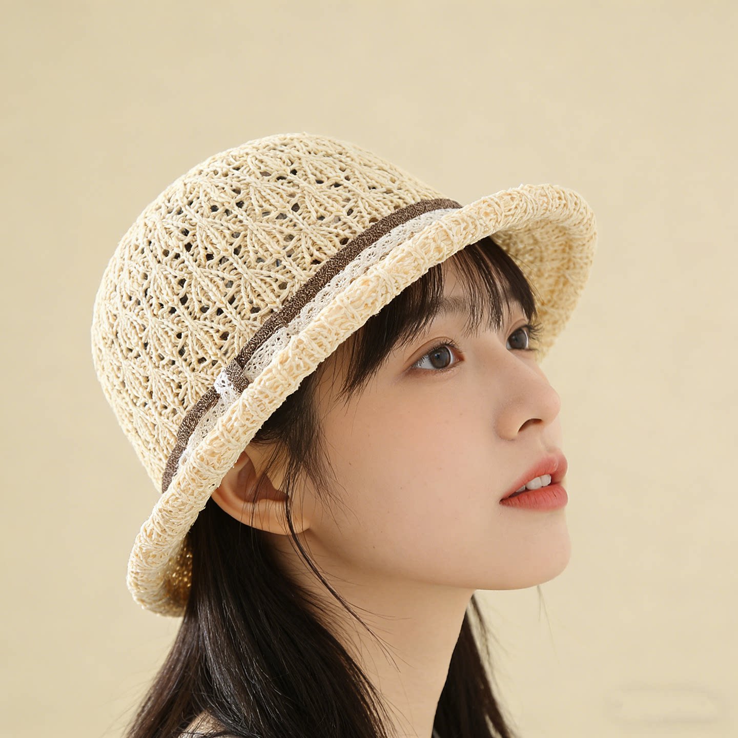 法式细花边织带蝴蝶结小礼帽女春夏休闲简约百搭时尚镂空透气盆帽